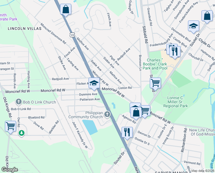 map of restaurants, bars, coffee shops, grocery stores, and more near 5736 Moncrief Road West in Jacksonville