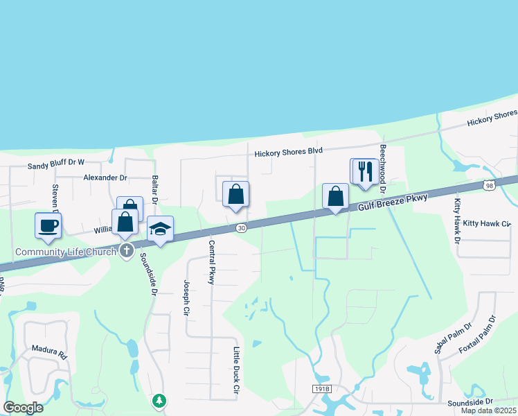 map of restaurants, bars, coffee shops, grocery stores, and more near 4410 Gulf Breeze Parkway in Gulf Breeze