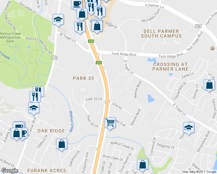 map of restaurants, bars, coffee shops, grocery stores, and more near North Interstate Highway 35 in Austin