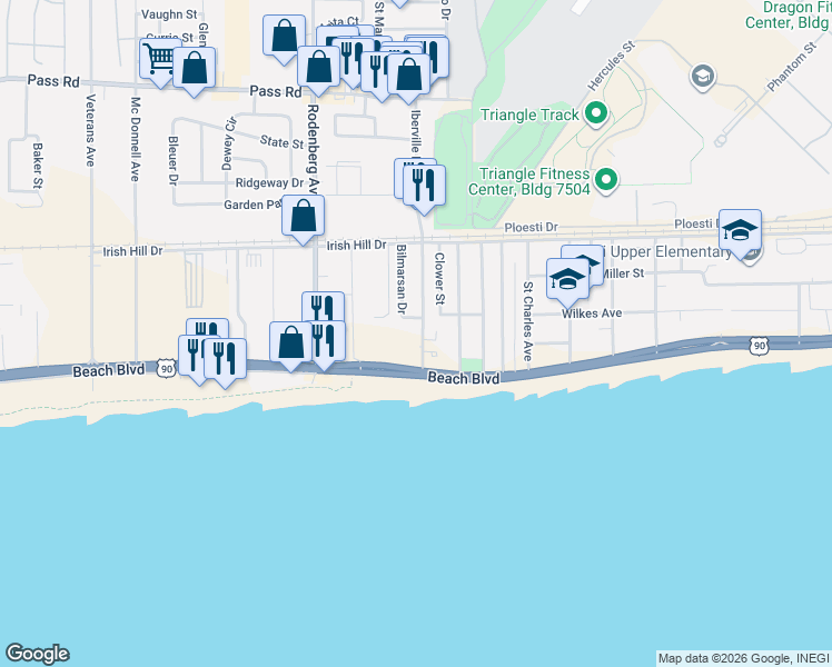map of restaurants, bars, coffee shops, grocery stores, and more near 1634 Beach Boulevard in Biloxi