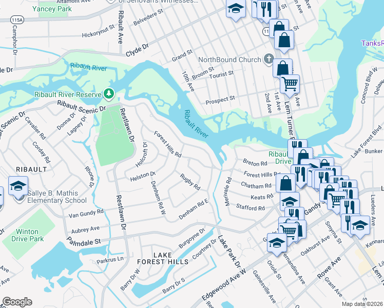 map of restaurants, bars, coffee shops, grocery stores, and more near 1901 Forest Hills Road in Jacksonville