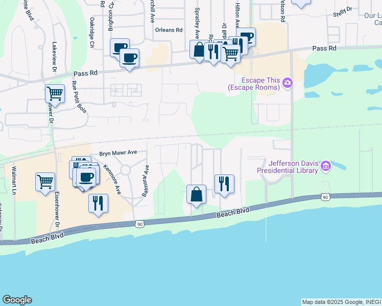 map of restaurants, bars, coffee shops, grocery stores, and more near 199 Briarfield Avenue in Biloxi
