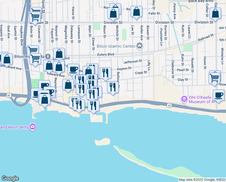 map of restaurants, bars, coffee shops, grocery stores, and more near 617 Water Street in Biloxi