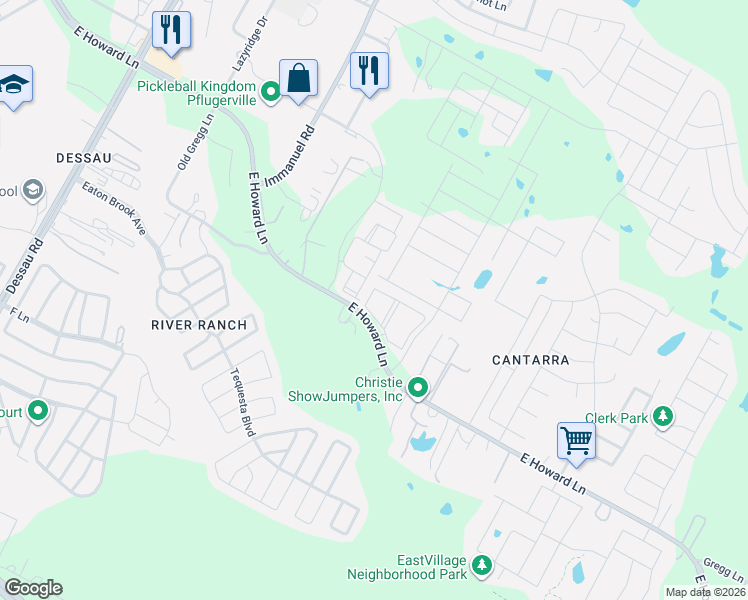 map of restaurants, bars, coffee shops, grocery stores, and more near 2601 East Howard Lane in Manor