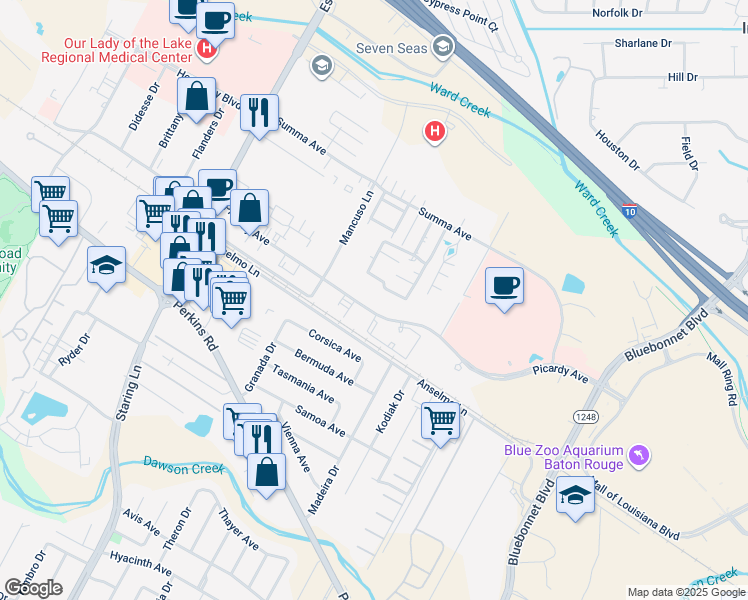 map of restaurants, bars, coffee shops, grocery stores, and more near 8313 Picardy Avenue in Baton Rouge