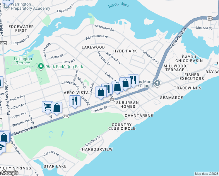 map of restaurants, bars, coffee shops, grocery stores, and more near 12 Milton Road in Pensacola