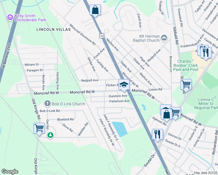 map of restaurants, bars, coffee shops, grocery stores, and more near 6001 Moncrief Road West in Jacksonville