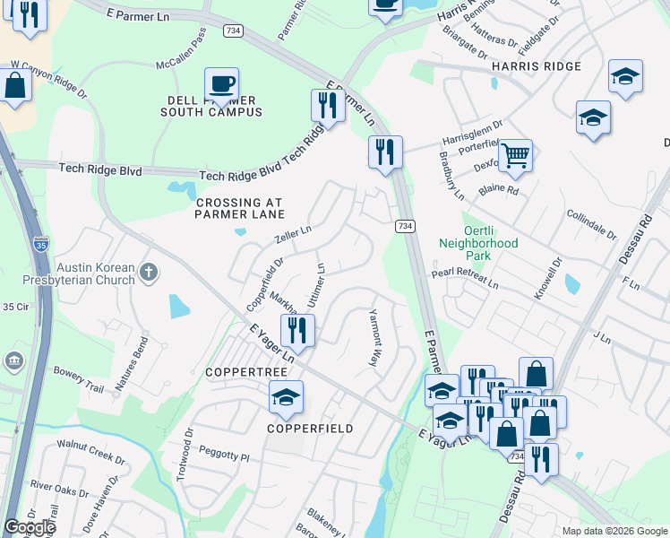 map of restaurants, bars, coffee shops, grocery stores, and more near 12407 Fallen Tower Lane in Austin