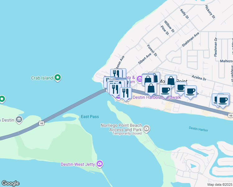 map of restaurants, bars, coffee shops, grocery stores, and more near 10 Harbor Boulevard in Destin
