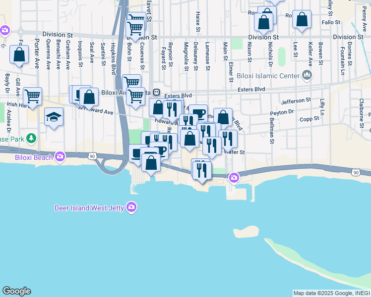 map of restaurants, bars, coffee shops, grocery stores, and more near 110 Rue Magnolia in Biloxi