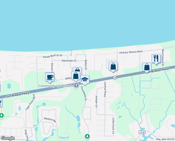 map of restaurants, bars, coffee shops, grocery stores, and more near 1576 Baltar Drive in Gulf Breeze