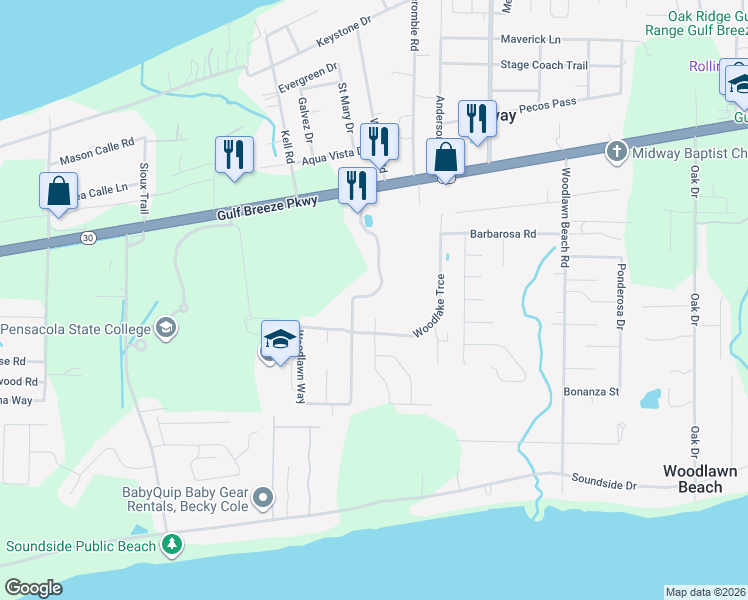 map of restaurants, bars, coffee shops, grocery stores, and more near 1640 Woodlawn Way in Gulf Breeze