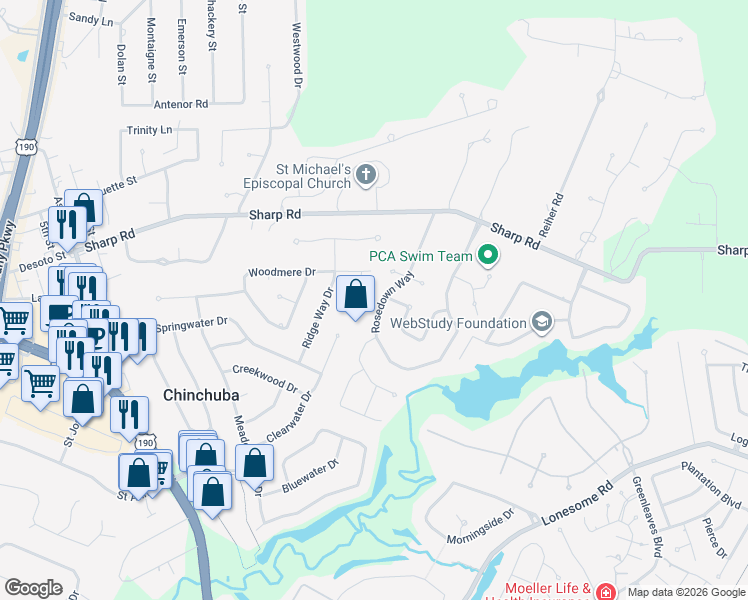 map of restaurants, bars, coffee shops, grocery stores, and more near 407 Rosedown Way in Mandeville