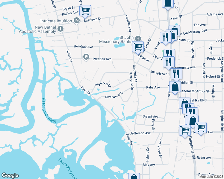 map of restaurants, bars, coffee shops, grocery stores, and more near 3825 Riverwood Dr in Moss Point