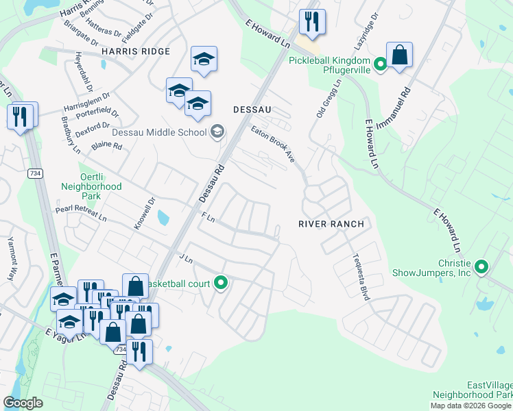 map of restaurants, bars, coffee shops, grocery stores, and more near 170 Dessau Road in Austin