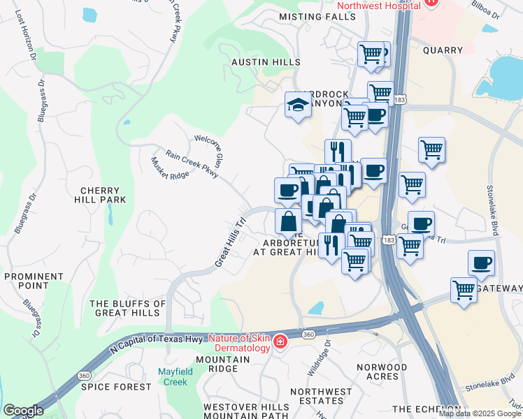 map of restaurants, bars, coffee shops, grocery stores, and more near 9623 Great Hills Trail in Austin