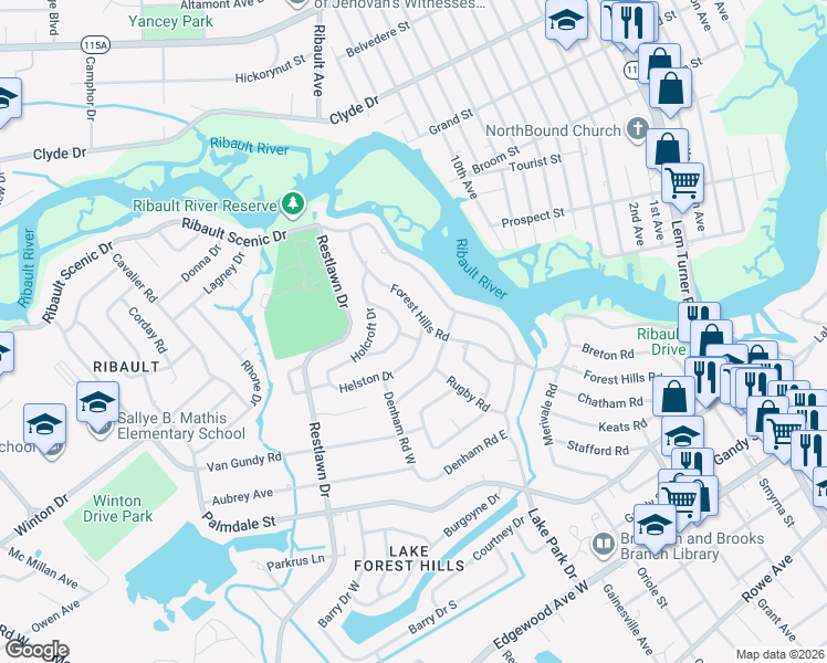 map of restaurants, bars, coffee shops, grocery stores, and more near 8132 Ramsgate Road in Jacksonville