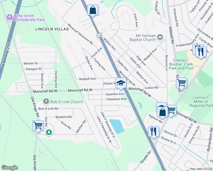 map of restaurants, bars, coffee shops, grocery stores, and more near 6001 Moncrief Road West in Jacksonville