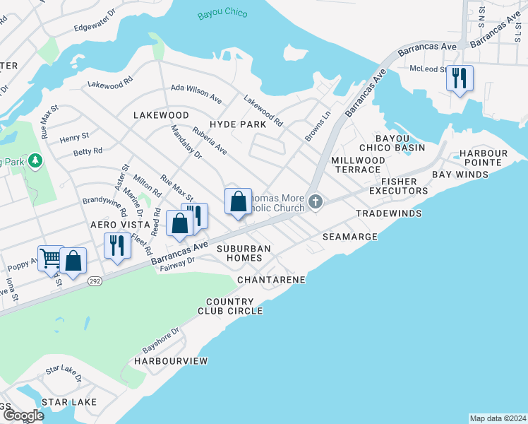 map of restaurants, bars, coffee shops, grocery stores, and more near 3422 Barrancas Avenue in Pensacola