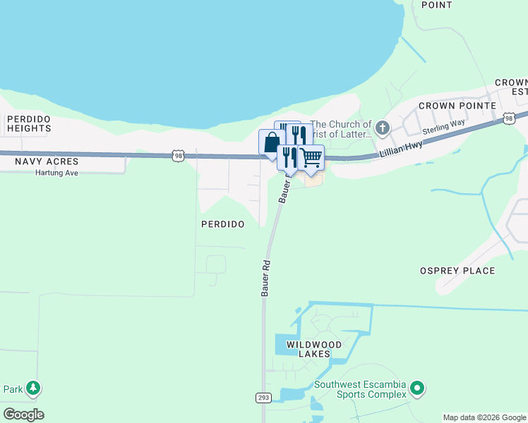 map of restaurants, bars, coffee shops, grocery stores, and more near 1100 Joaquin Road in Pensacola