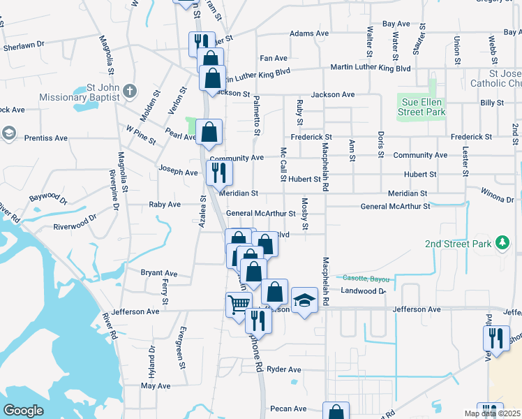 map of restaurants, bars, coffee shops, grocery stores, and more near 3707 Vine Street in Moss Point