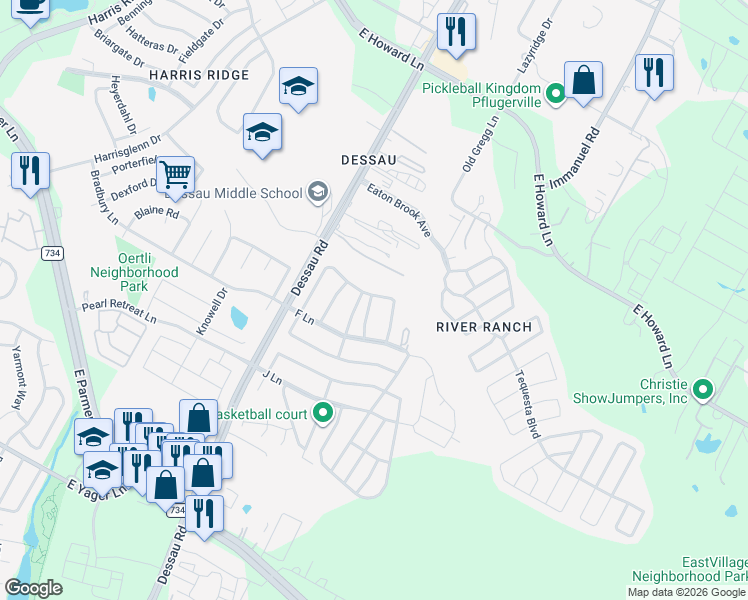 map of restaurants, bars, coffee shops, grocery stores, and more near 170 Dessau Road in Austin