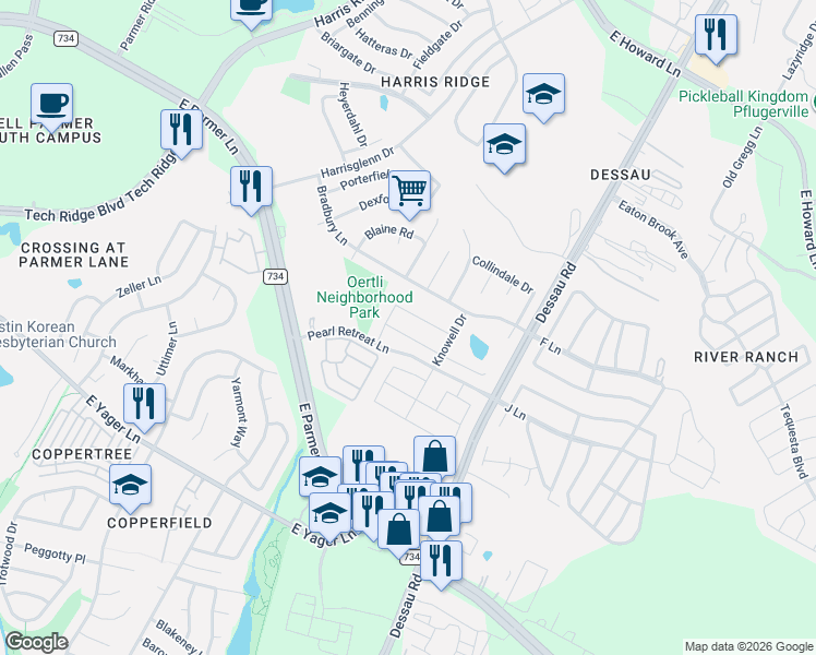 map of restaurants, bars, coffee shops, grocery stores, and more near 1508 Verdana Drive in Austin