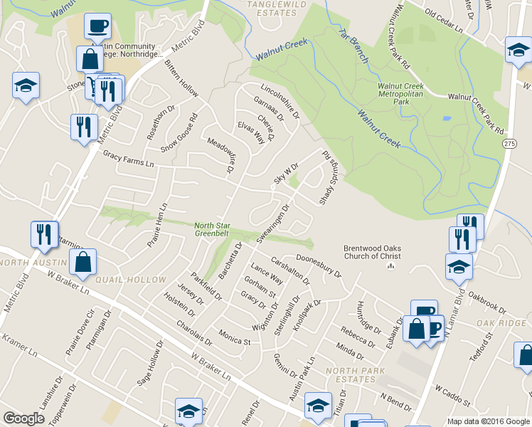 map of restaurants, bars, coffee shops, grocery stores, and more near 11811 Swearingen Drive in Austin