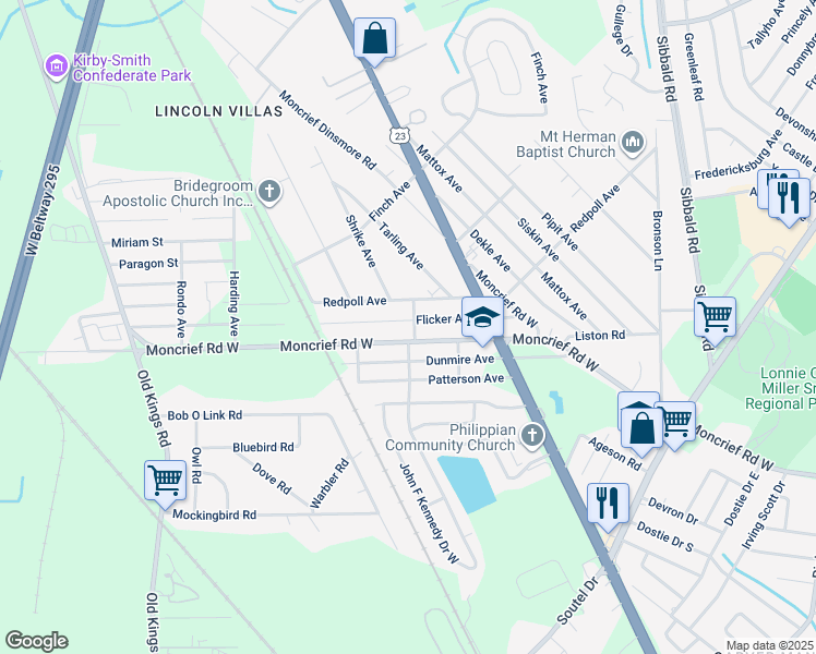 map of restaurants, bars, coffee shops, grocery stores, and more near 6001 Moncrief Road West in Jacksonville