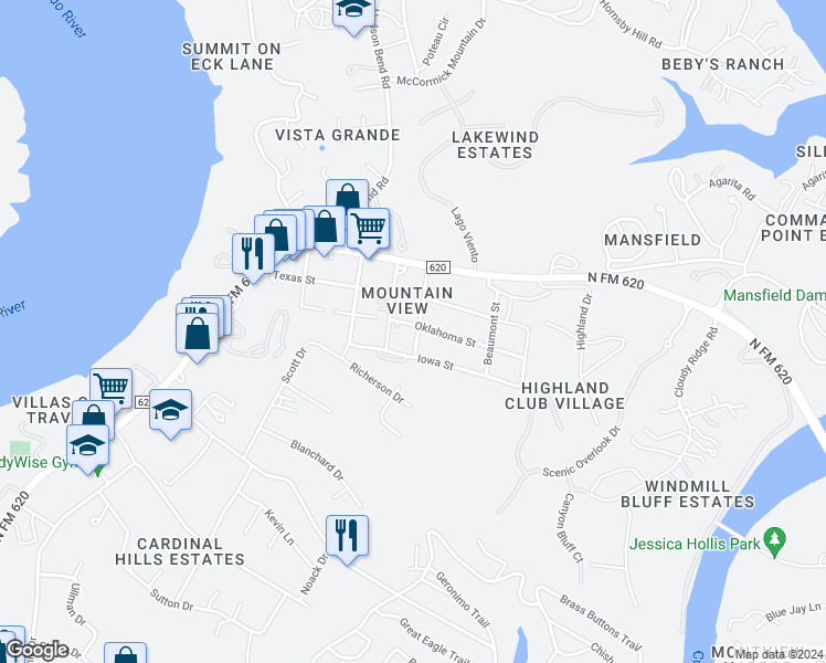 map of restaurants, bars, coffee shops, grocery stores, and more near 15105 Oklahoma Street in Austin