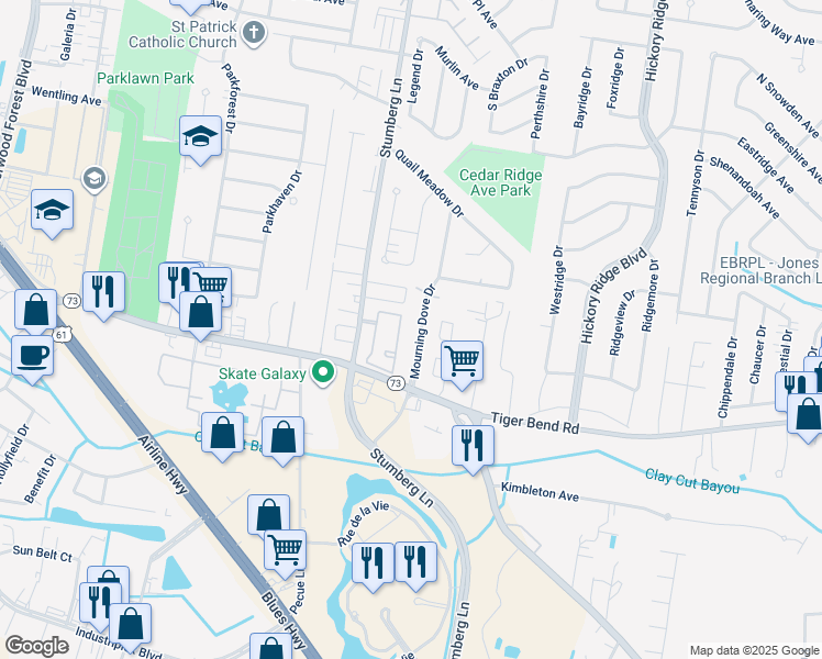 map of restaurants, bars, coffee shops, grocery stores, and more near 6159 Mourning Dove Drive in Baton Rouge