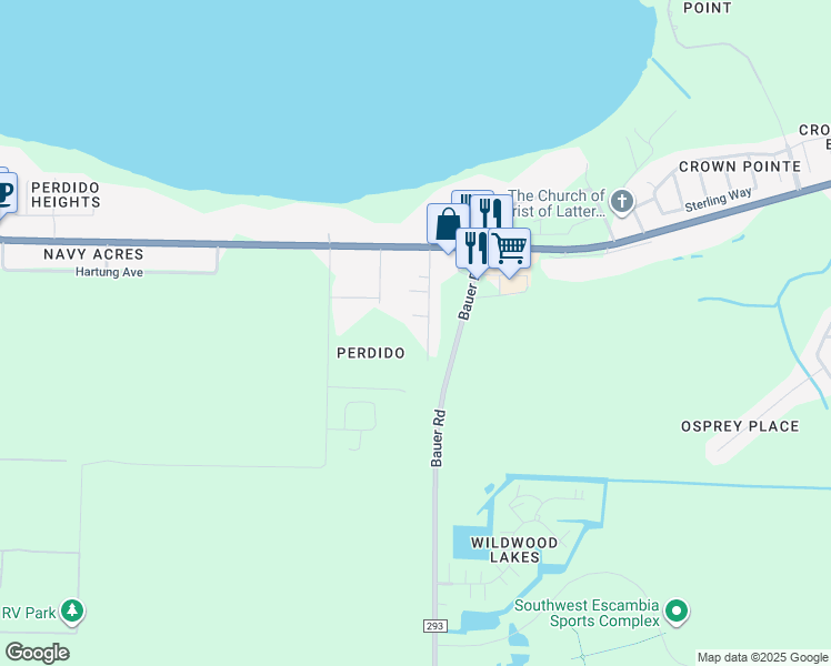 map of restaurants, bars, coffee shops, grocery stores, and more near 1093 Joaquin Road in Pensacola