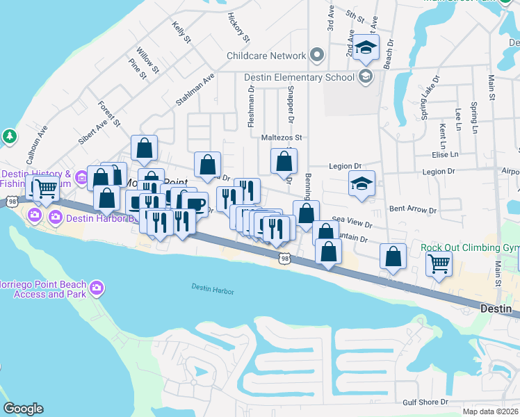 map of restaurants, bars, coffee shops, grocery stores, and more near 22 Redbird Loop in Destin