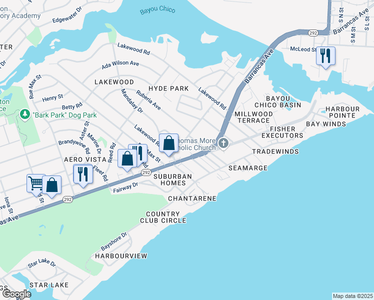 map of restaurants, bars, coffee shops, grocery stores, and more near 1303 Lakewood Road in Pensacola
