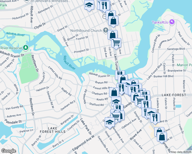 map of restaurants, bars, coffee shops, grocery stores, and more near 1549 Breton Road in Jacksonville