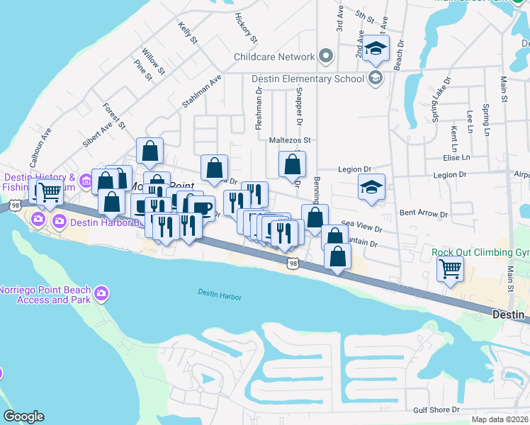 map of restaurants, bars, coffee shops, grocery stores, and more near 505 Mountain Drive in Destin