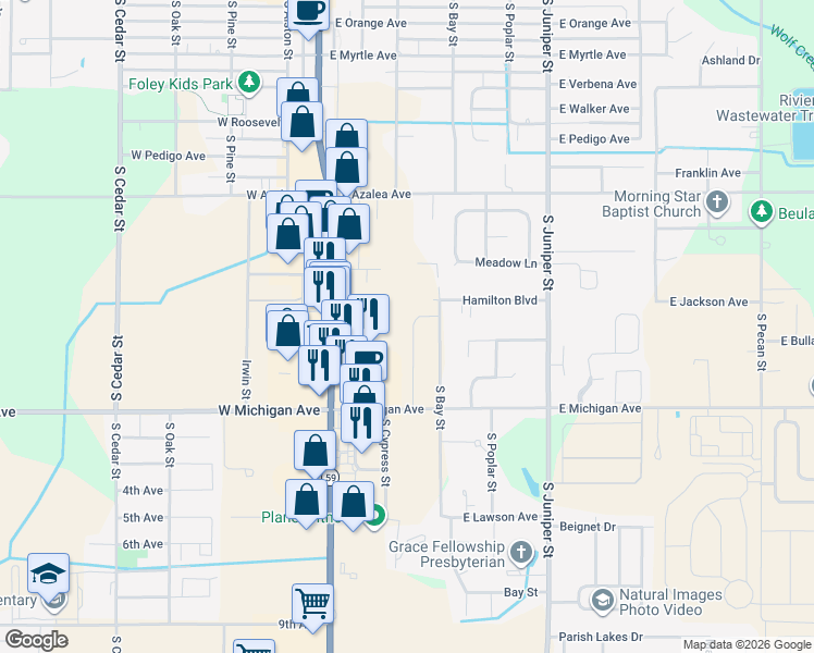 map of restaurants, bars, coffee shops, grocery stores, and more near 1145 S McKenzie St in Foley