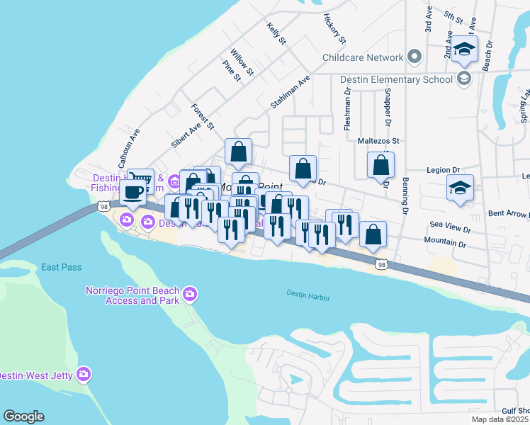 map of restaurants, bars, coffee shops, grocery stores, and more near 327 Harbor Boulevard in Destin