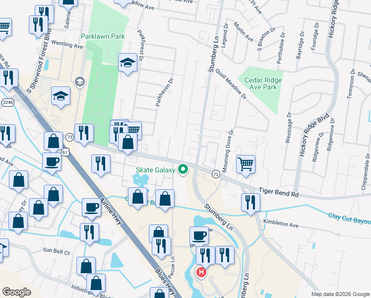map of restaurants, bars, coffee shops, grocery stores, and more near 5908 Stumberg Lane in Baton Rouge