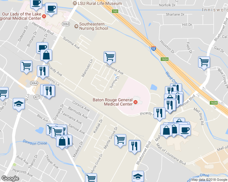 map of restaurants, bars, coffee shops, grocery stores, and more near 8630 Crest Court in Baton Rouge