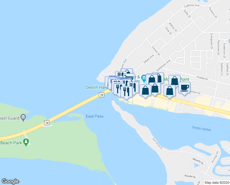 map of restaurants, bars, coffee shops, grocery stores, and more near 2 Harbor Boulevard in Destin