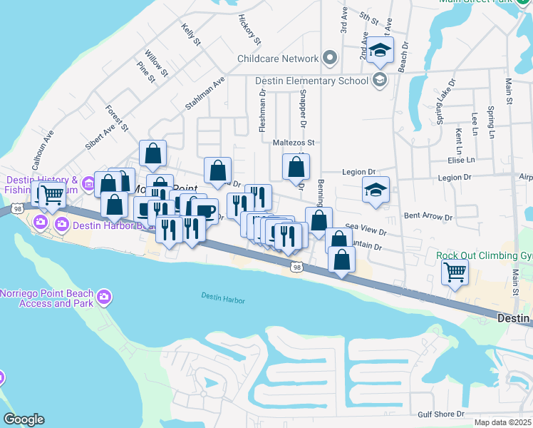 map of restaurants, bars, coffee shops, grocery stores, and more near 505 Mountain Drive in Destin