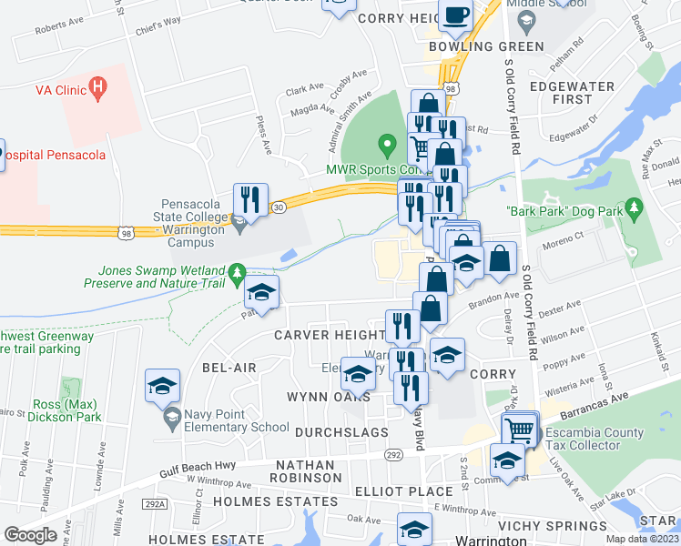 map of restaurants, bars, coffee shops, grocery stores, and more near 34 Patton Drive in Pensacola