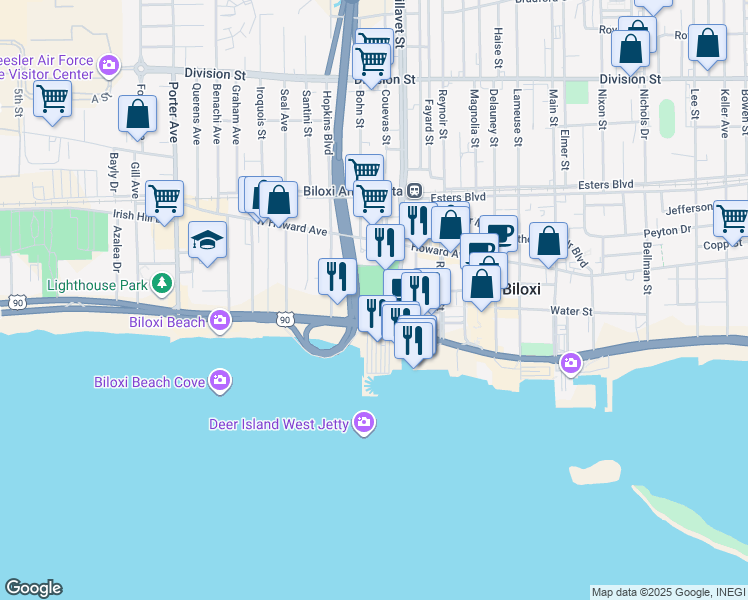 map of restaurants, bars, coffee shops, grocery stores, and more near 900-908 Beach Blvd in Biloxi