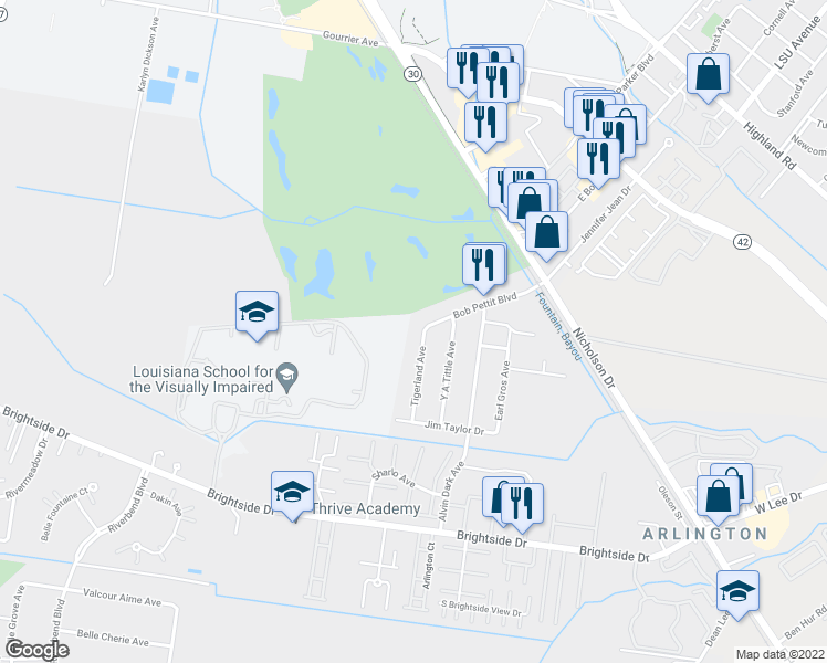 map of restaurants, bars, coffee shops, grocery stores, and more near 4544 Tigerland Avenue in Baton Rouge