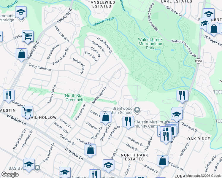 map of restaurants, bars, coffee shops, grocery stores, and more near 102 Swearingen Drive in Austin