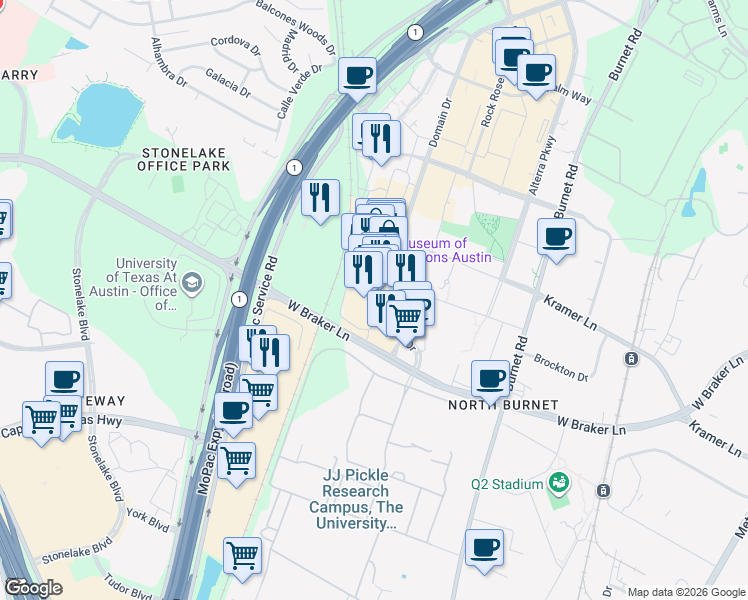 map of restaurants, bars, coffee shops, grocery stores, and more near 3211 Feathergrass Court in Austin