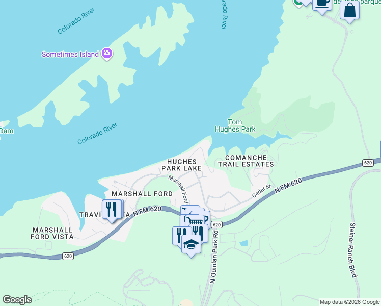 map of restaurants, bars, coffee shops, grocery stores, and more near 12889 Park Drive in Austin