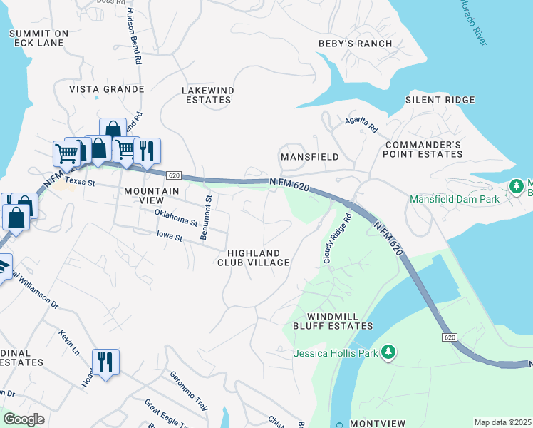 map of restaurants, bars, coffee shops, grocery stores, and more near 3925 Lago Vista Drive in Austin