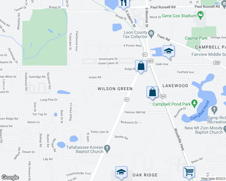 map of restaurants, bars, coffee shops, grocery stores, and more near 250 Wilson Green Boulevard in Tallahassee